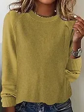 Women's Sweater Pullover Daily Stylish Casual Solid Color Ribbed Crew Neck Knitted Long Sleeve Regular Tops Knit Daily Holiday Going out Black Yellow Fall Winter