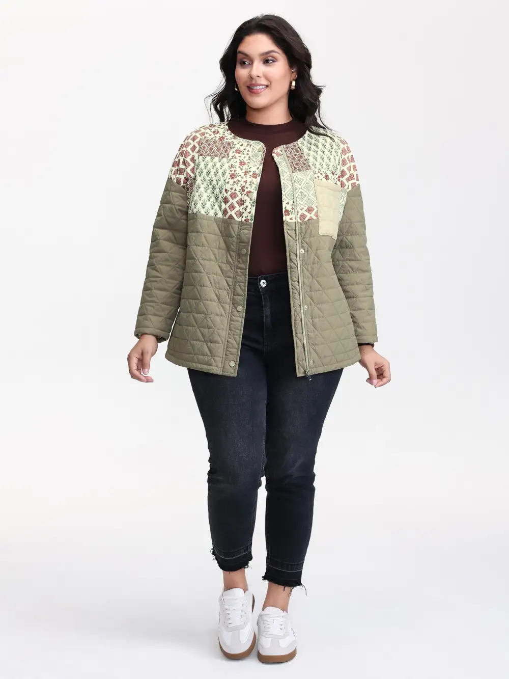 Floral Collage Print Pockets Quilted Jacket