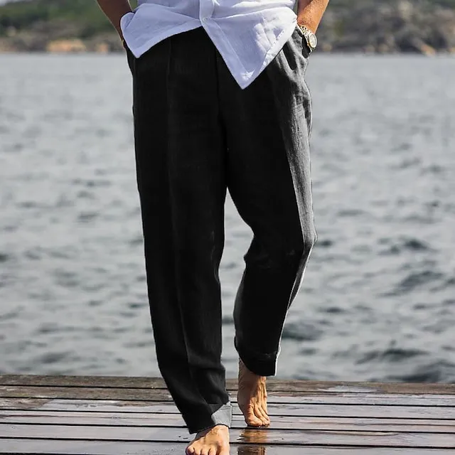 Men's Linen Pants Trousers Summer Pants Beach Pants Pocket Plain Comfort Breathable Outdoor Daily Going out Linen / Cotton Blend Fashion Streetwear Black White