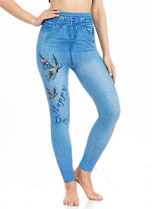 Women's Slim Pants Trousers Leggings Faux Denim Butterfly Pocket Print Full Length High Elasticity High Waist Fashion Streetwear Street Causal Lake Blue Royal Blue S M Summer Fall