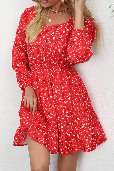 Elegant Floral Split Joint Square Collar Waist Skirt Dresses