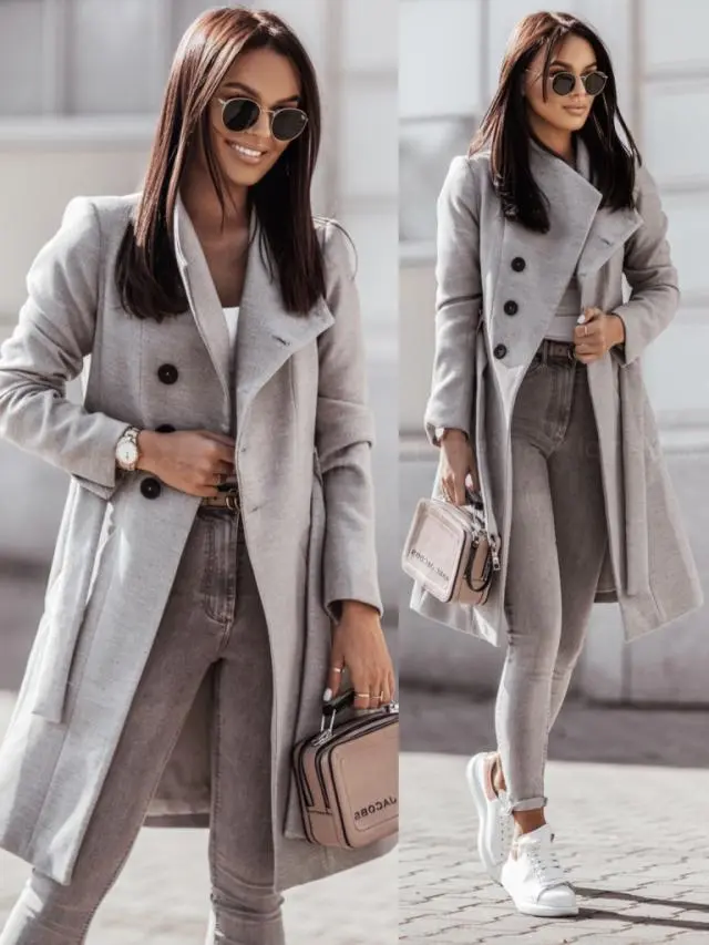Belted open front button long sleeve coat