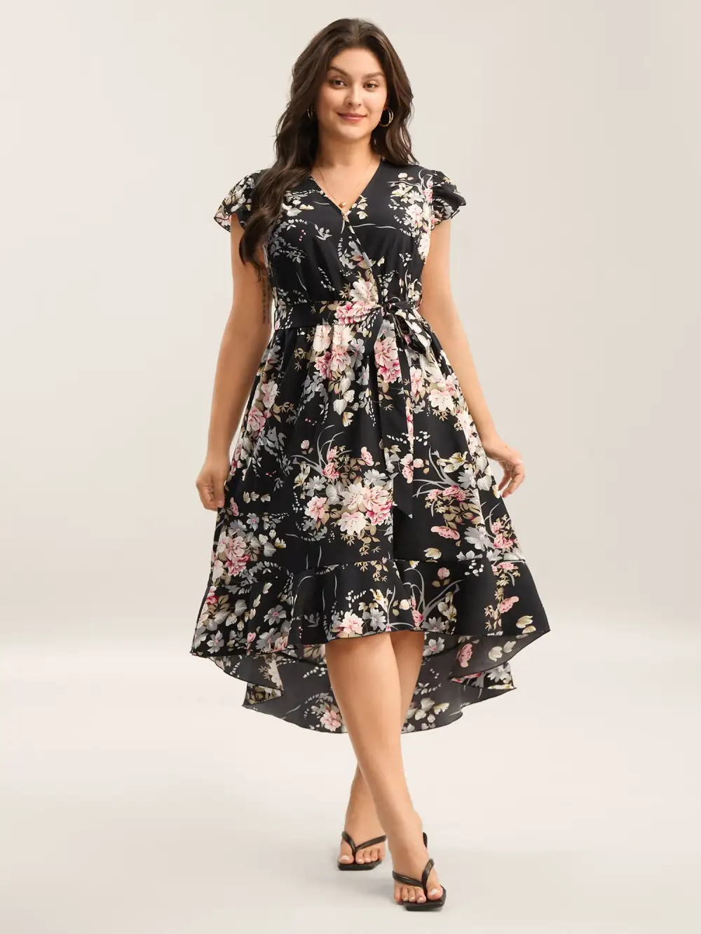 Midnight Blooms Wrap A-Line Midi Dress