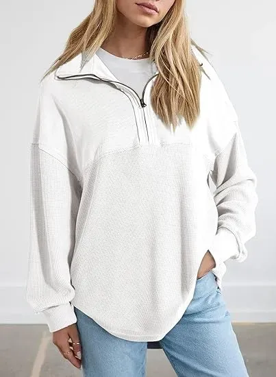 Oversized Waffle Knit Half Zip Pullover Soft Polyester Blend Long Sleeve Sweatshirt