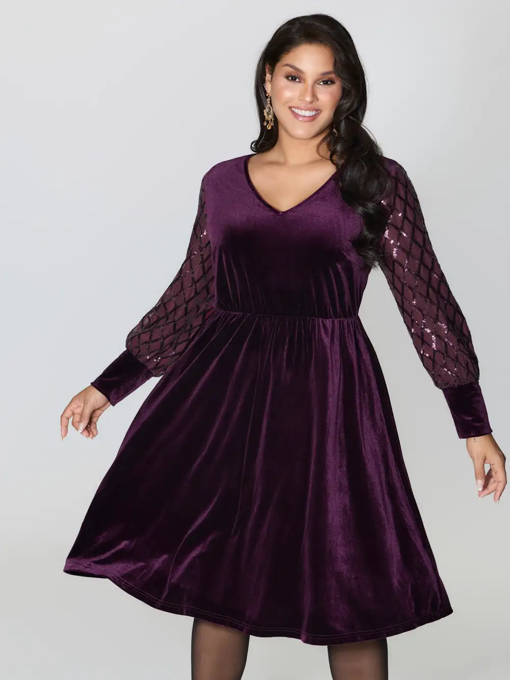 Velvet Sequin Sheer Sleeve Midi Dress