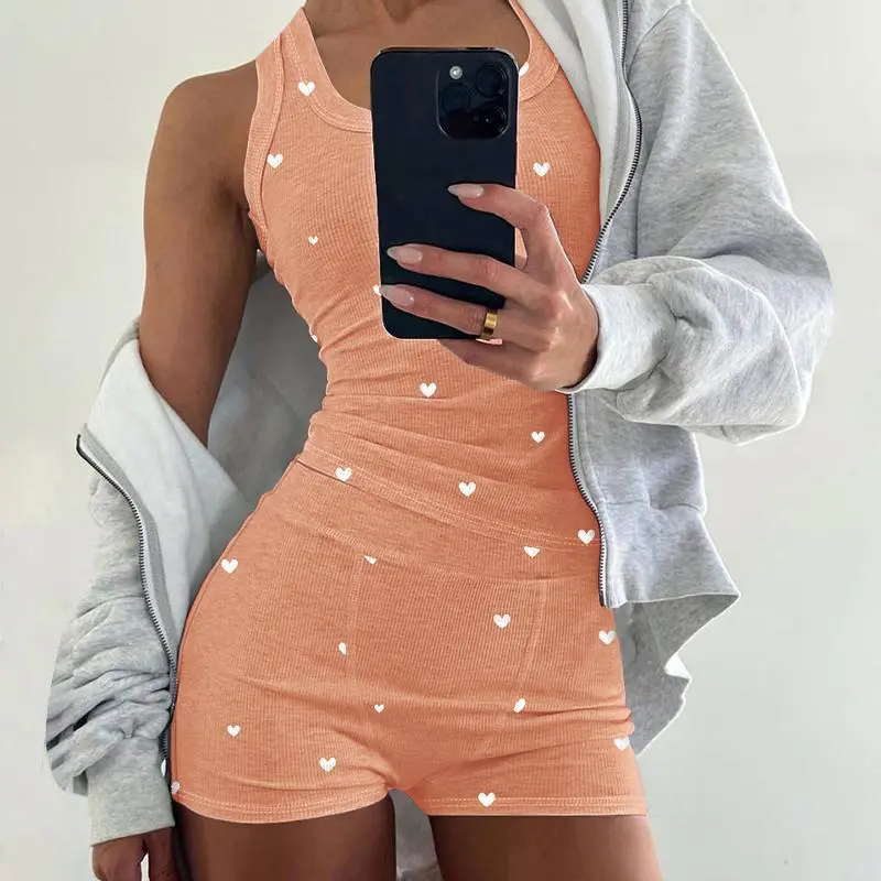 Women’s Heart Print Pajama Set – Sleeveless Tank & Stretch Waist Shorts
