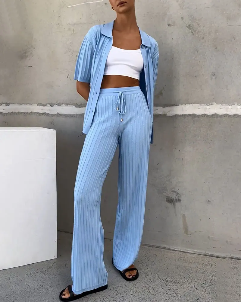 Blue Lapel Button Knit Two-Piece Set
