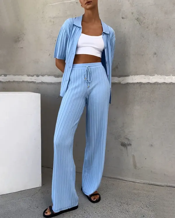 Blue Lapel Button Knit Two-Piece Set