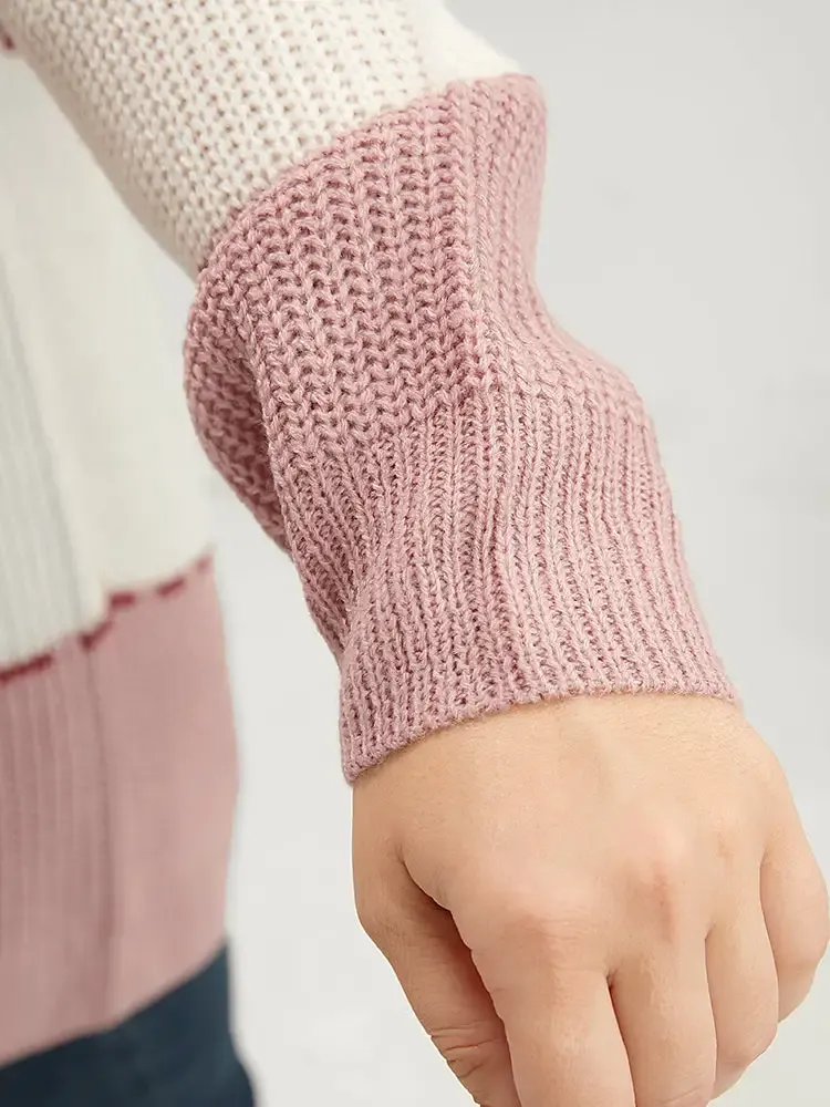 Colorblock Contrast Pointelle Knit Crew Neck Knit Top