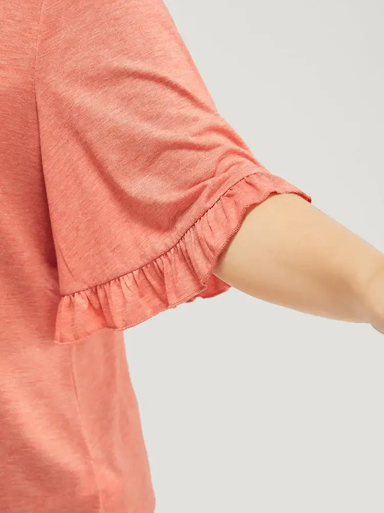 Solid Gathered Ruffle Trim Flounce Sleeve T-shirt