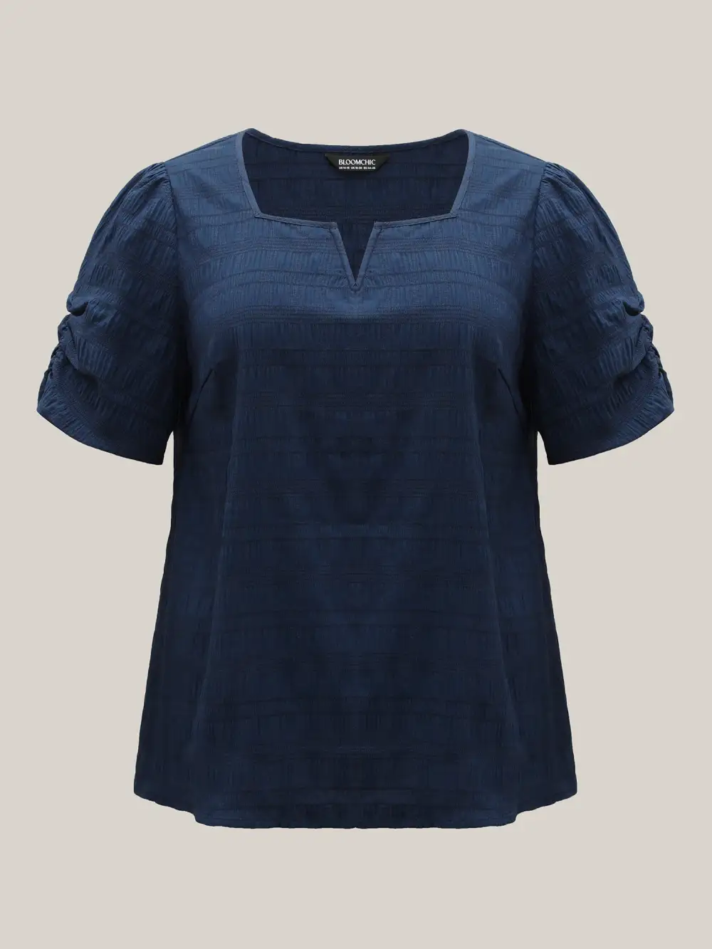 Textured Gathered Sleeve Split Neck Blouse