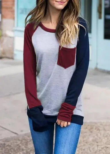 Color Block Pocket Long Sleeve Baseball T-Shirt Tee