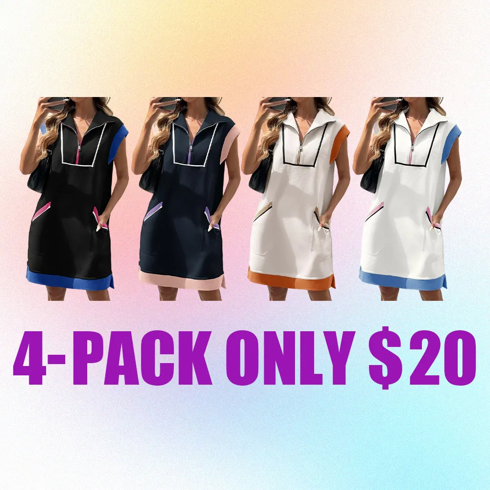 Women's Summer Sleeveless Mini Dress Casual Half Zip Cap Sleeve Contrast Loose Sweatshirt Dresses