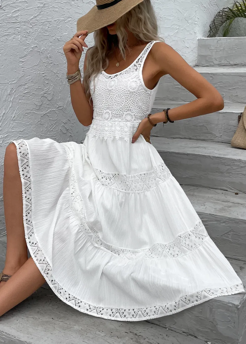 White Patchwork Round Neck Sleeveless Dress