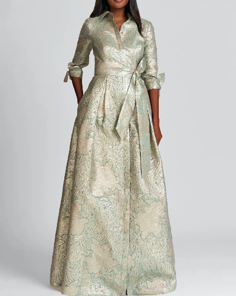 Gown shirt collar maxi dress bow