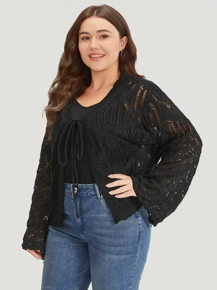 Hollow Out Bell Sleeve Tie Front Cardigan