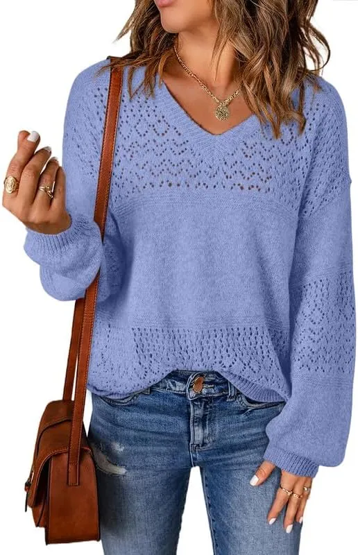 Womens Sweaters Casual Long Sleeve V Neck Lightweight Crochet Pullover Sweater Tops