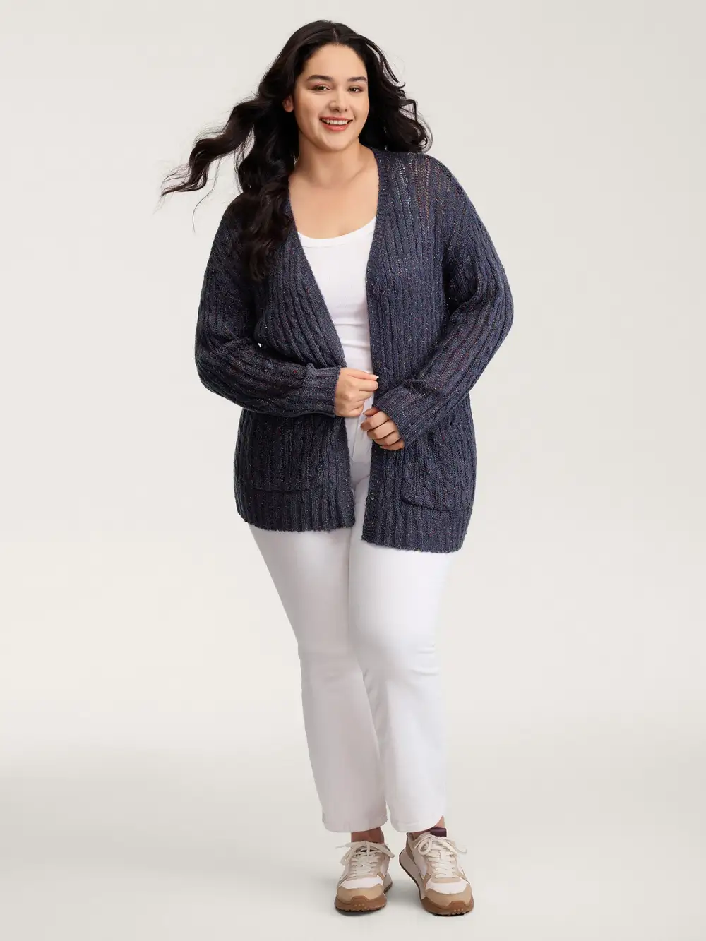 Textured Heather Pockets Open-Front Cardigan
