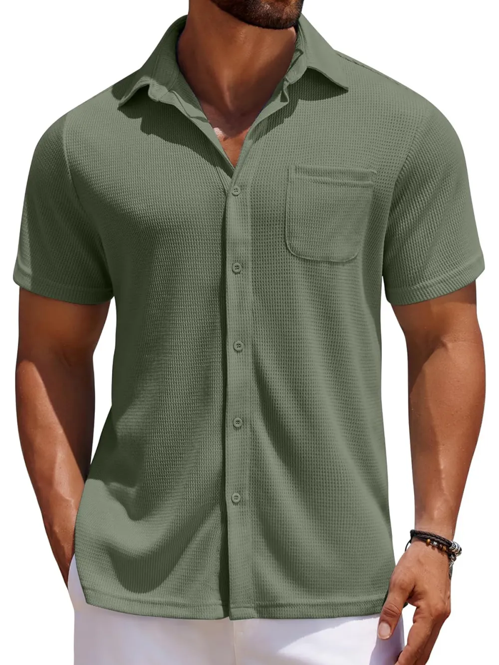 Men's Everyday Waffle Casual Pocket Solid Color Short Sleeve Shirt