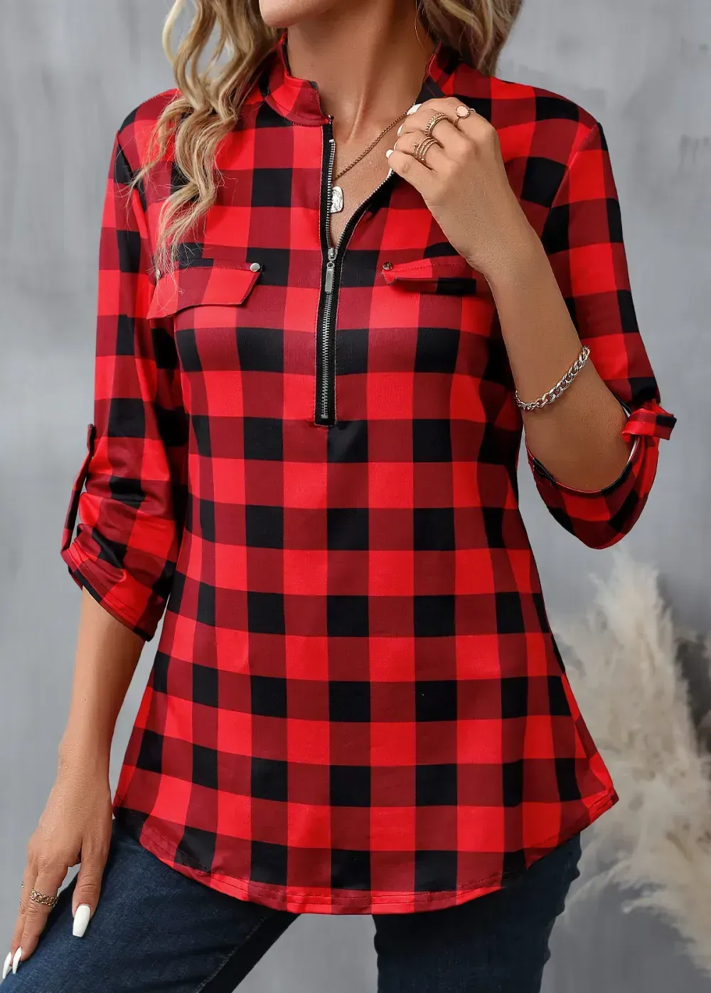 Red Zipper Plaid Long Sleeve High Neck Blouse