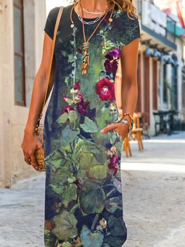 Women‘s Shift Dress Maxi long Dress Green Blue Gray Dark Blue Short Sleeve Floral Pocket Print Spring Summer Crew Neck Casual 2023 S M L XL XXL XXXL