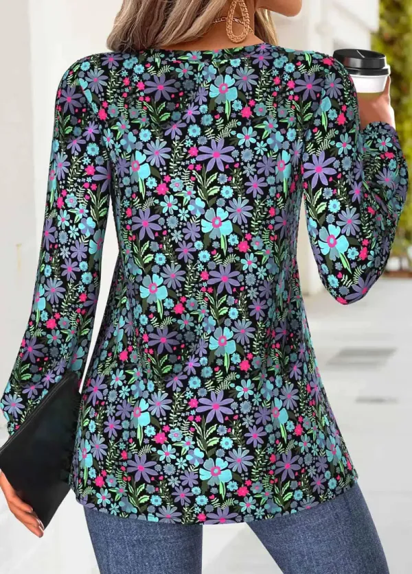 Multi Color Peplum Floral Print Long Sleeve Blouse