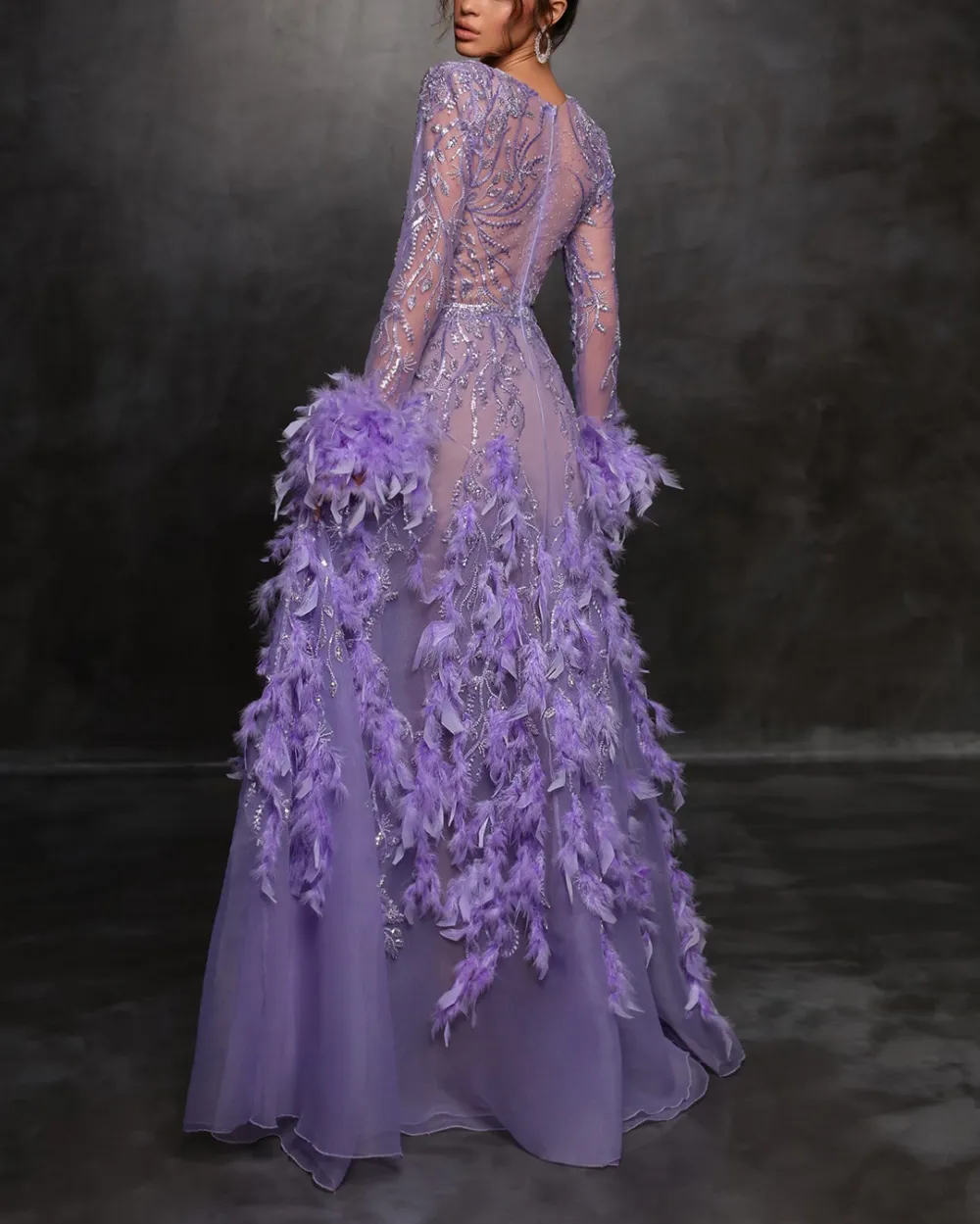 Deep V Sequin Feather Maxi Dress Gown