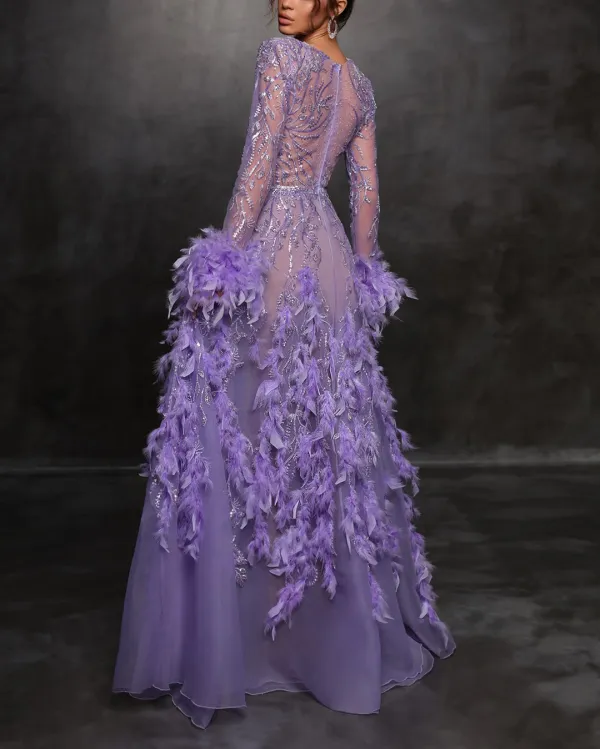 Deep V Sequin Feather Maxi Dress Gown