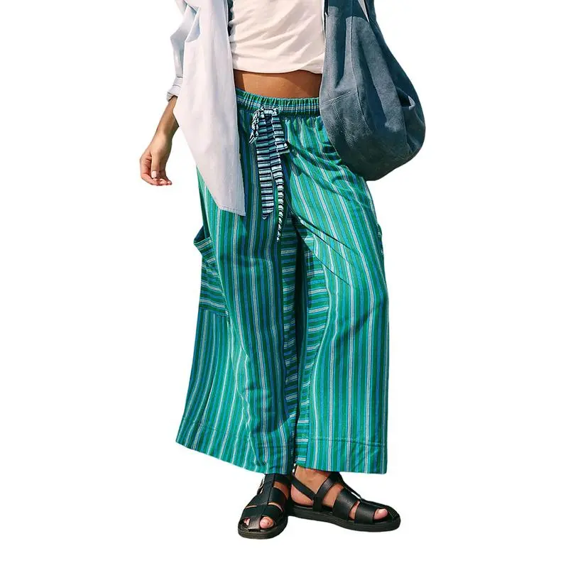 Women’s Striped Wide-Leg Pants-Drawstring, Loose Fit, Pockets