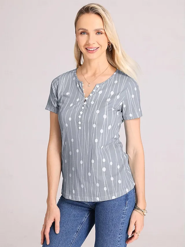 Women's Shirt Henley Shirt Blouse Polka Dot Striped Button Print Casual Tunic Basic Short Sleeve Round Neck Red