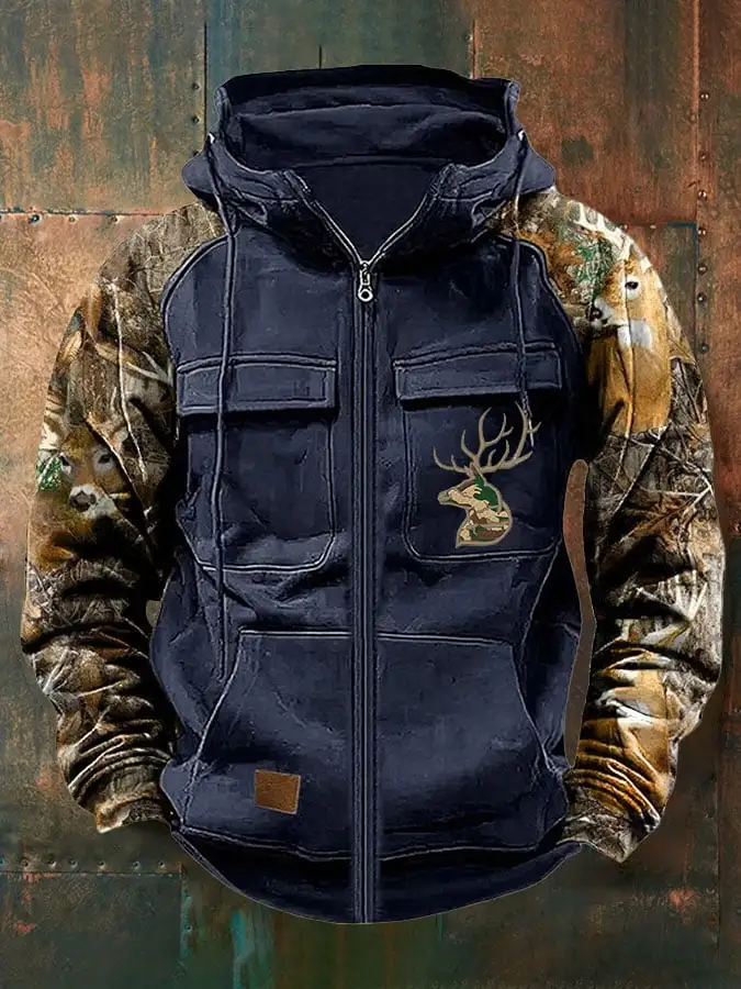 Men's Vintage Western Deer Print Multi-Pocket Jacket