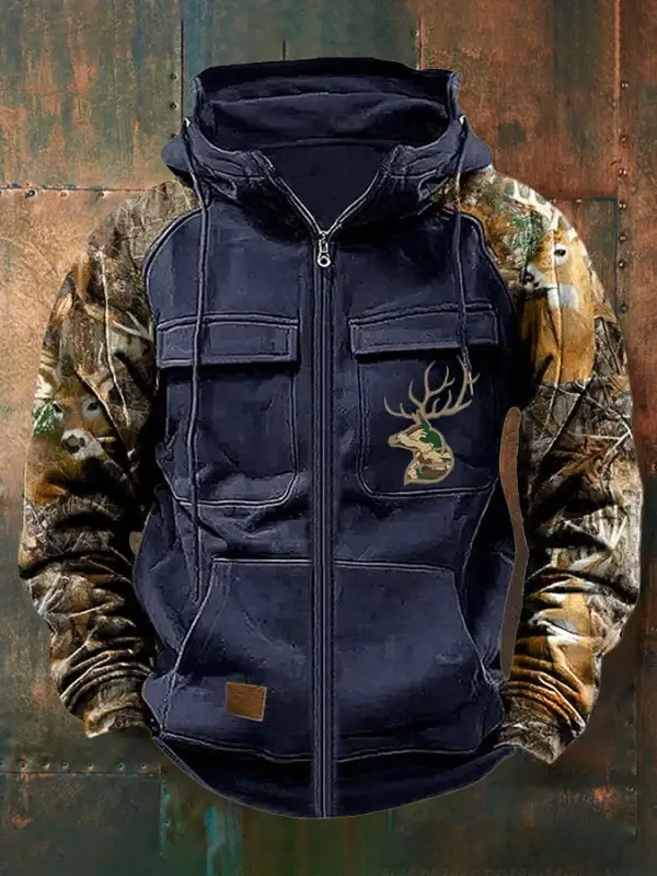 Men's Vintage Western Deer Print Multi-Pocket Jacket