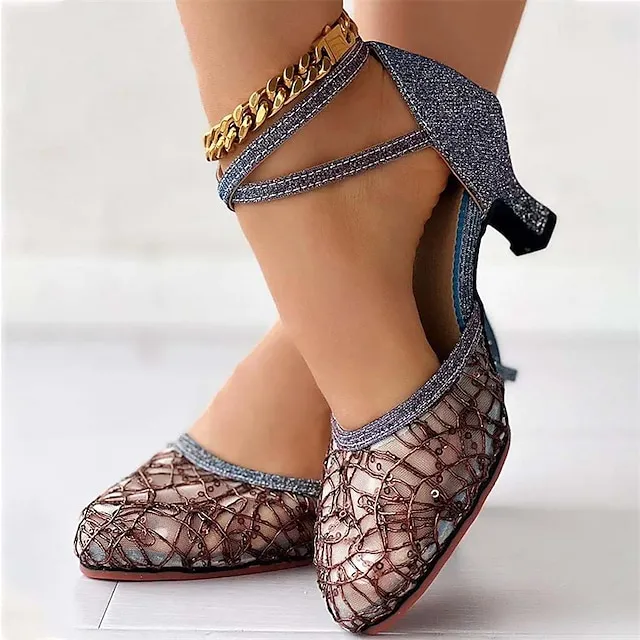 Women's Heels Wedding Shoes Sandals Sexy Shoes Stilettos Comfort Shoes Outdoor Daily Summer Sequin Low Heel Pointed Toe Fashion Elegant Sexy Mesh Cross Strap Solid Color Black 5.5cm Black 3.5cm Blue