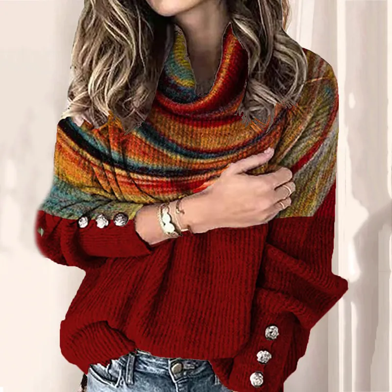 Vintage Rainbow Print Turtleneck Knit Sweater