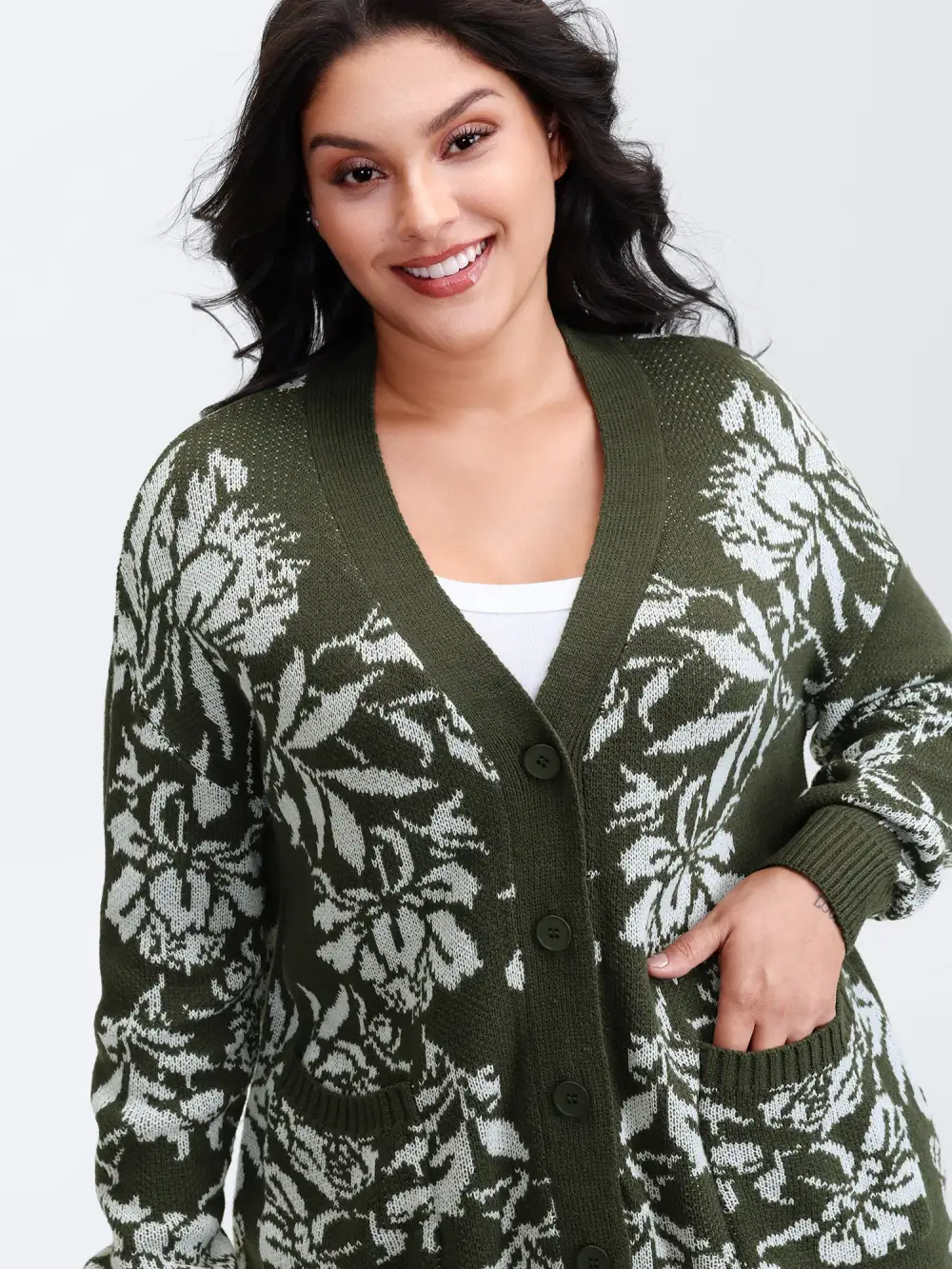 Floral Pattern V-Neck Knit Cardigan