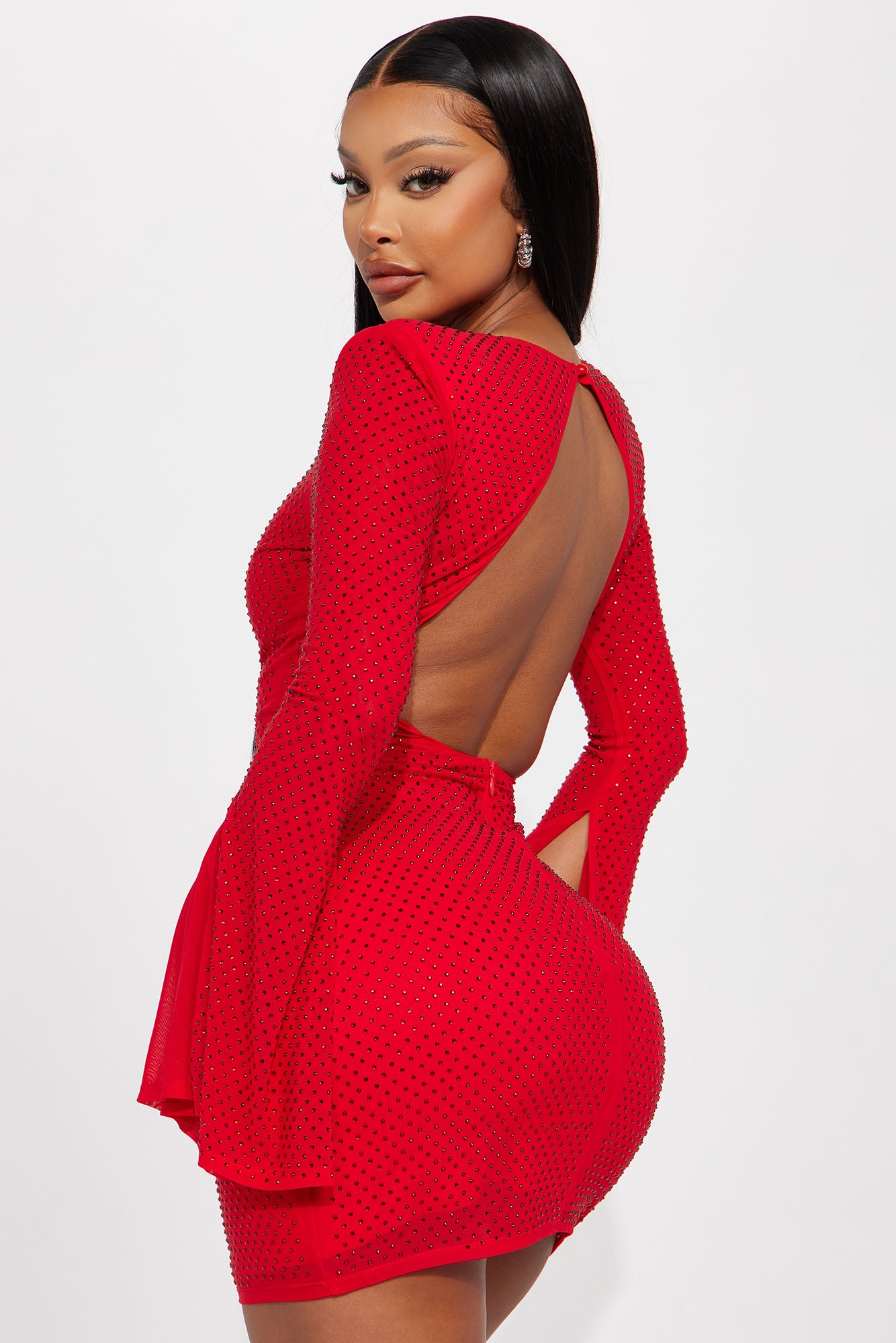 Sarah Rhinestone Mesh Mini Dress - Red