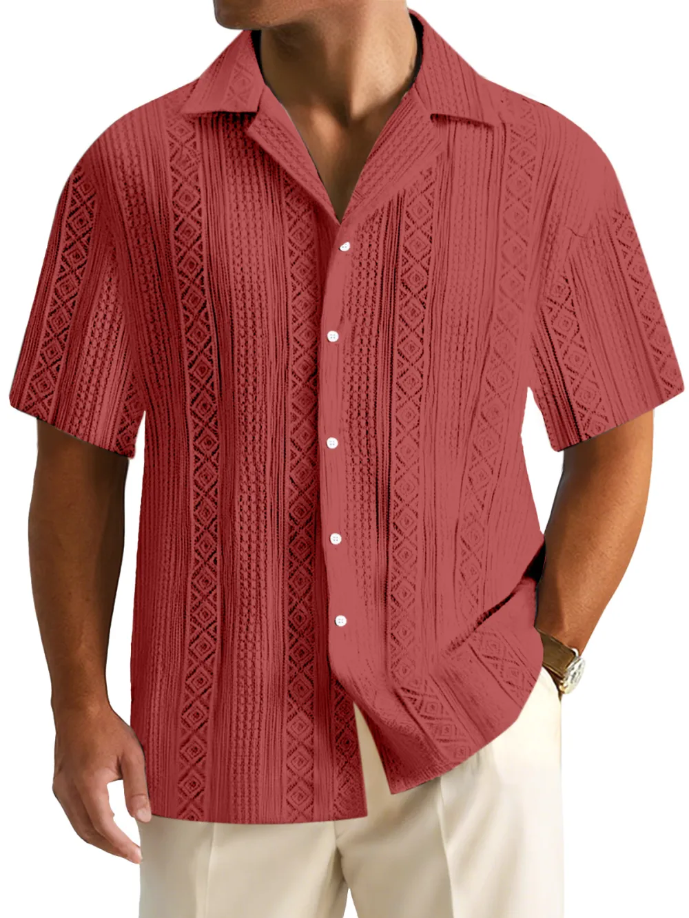 Men's Everyday Solid Color Textured Short-sleeved Cuban Collar Shirt