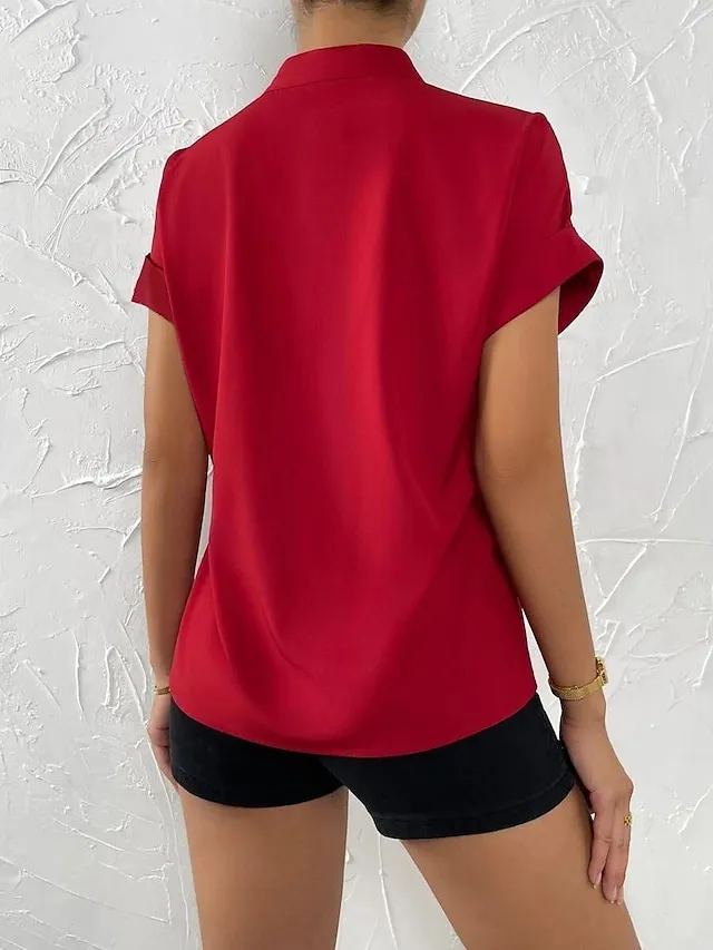 Women's Shirt Blouse Orange red Black White Plain Button Short Sleeve Work Fashion Business Elegant Standing Collar Regular Fit