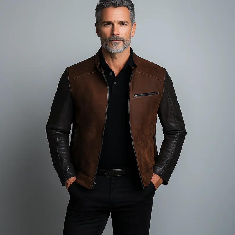 Men's Suede Patchwork PU Leather Stand Collar Zipper Jacket