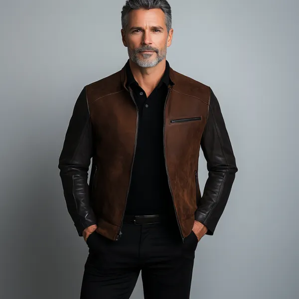 Men's Suede Patchwork PU Leather Stand Collar Zipper Jacket