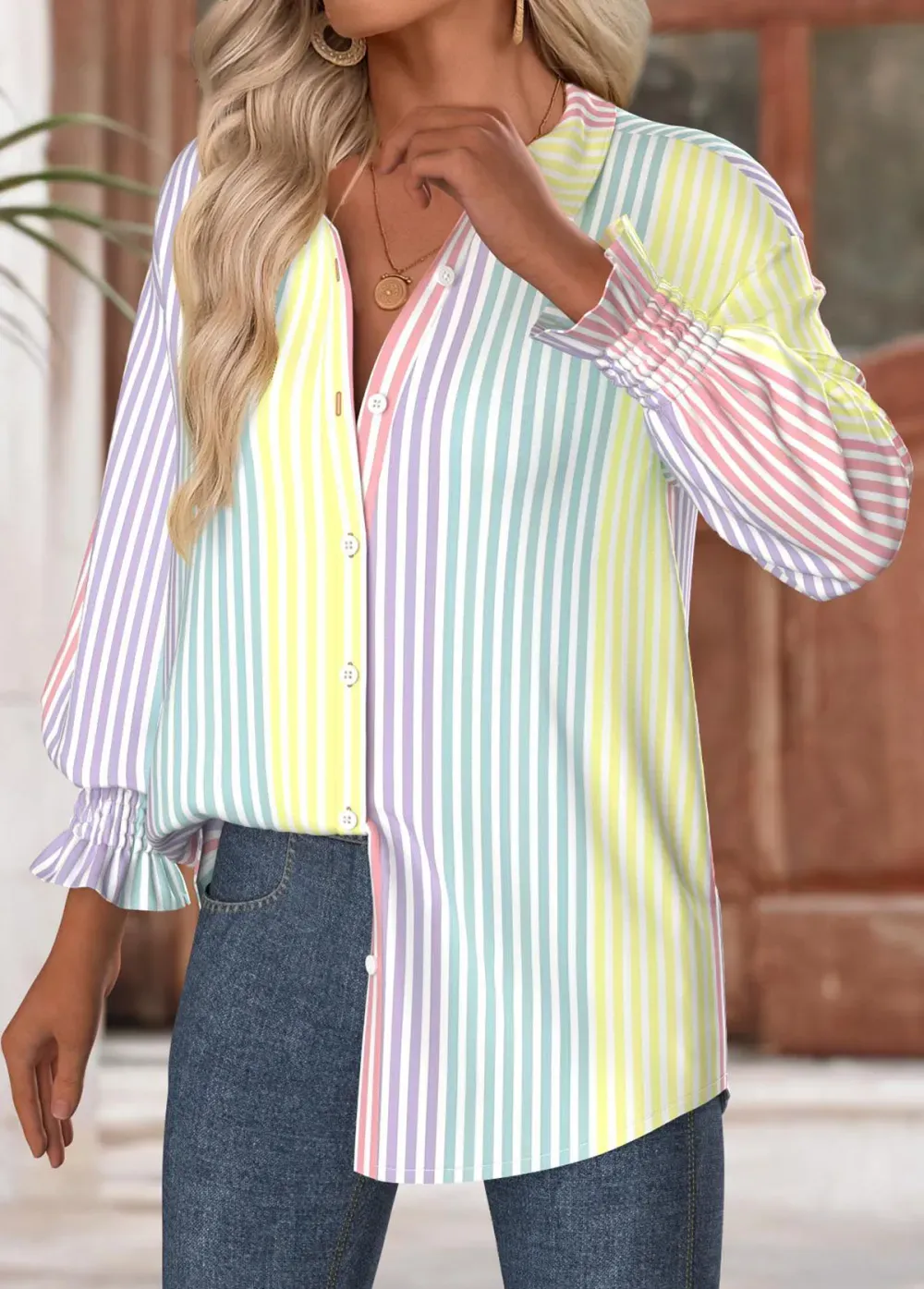 Multi Color Tummy Coverage Striped 3/4 Sleeve Shirt