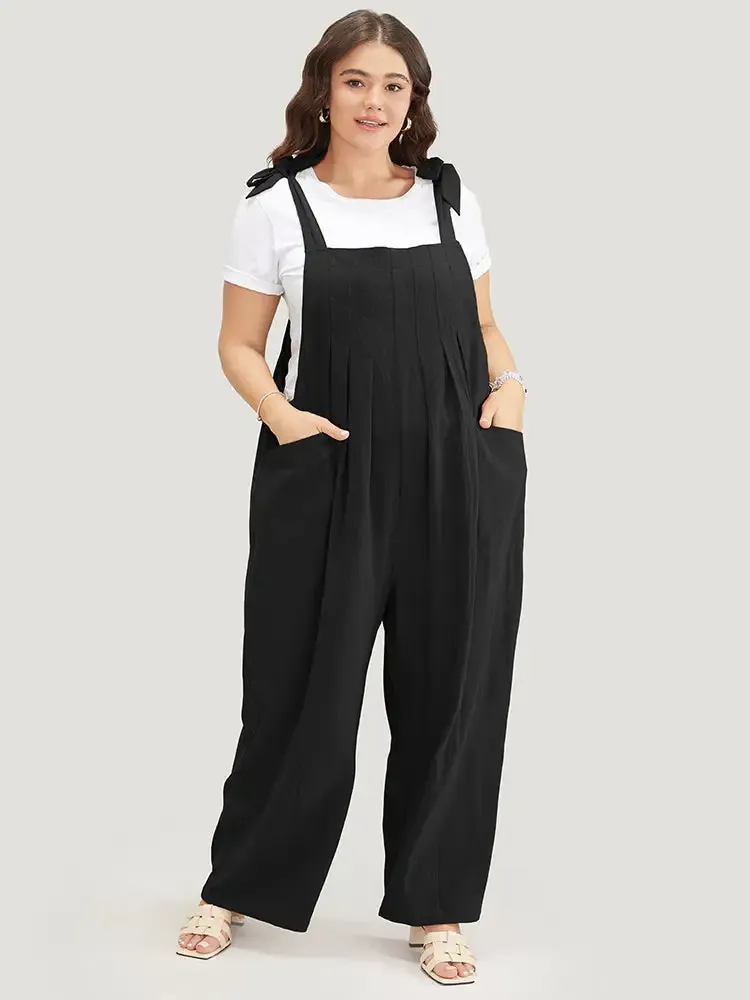 Solid Pleated Detail Pocket Knotted Shoulder Overall Jumpsuit