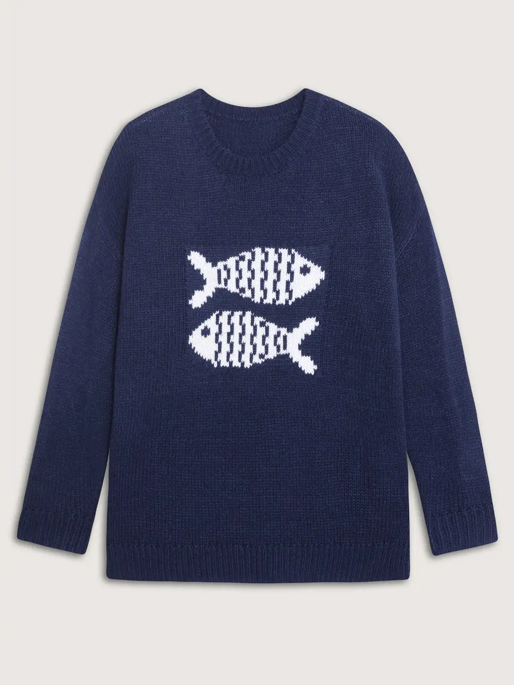 Fish Jacquard Print Round Neck Pullover