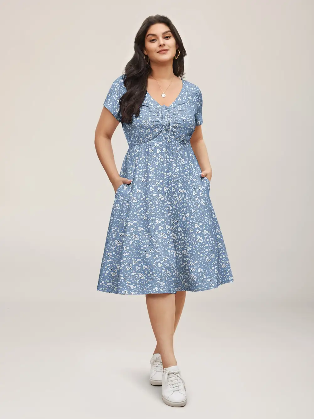 Ditsy Floral Elastic Waist Knot Drawstring Dress