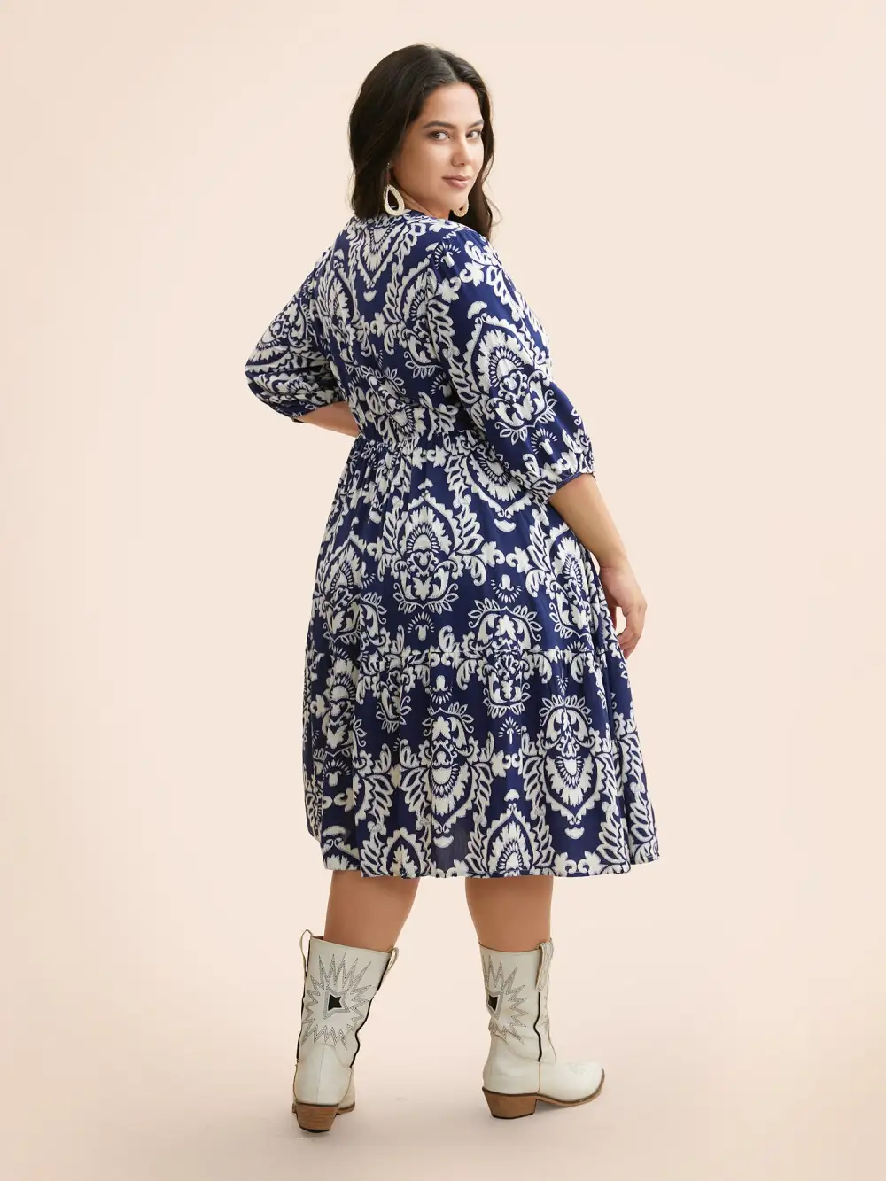 Damask Print Tie Knot Puff Sleeve Dress