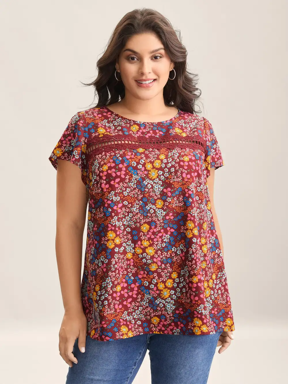 Multi-Color Floral Print Lace Spliced Blouse
