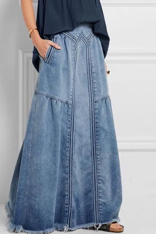 Solid Pocket Design Fringed Denim Skirt