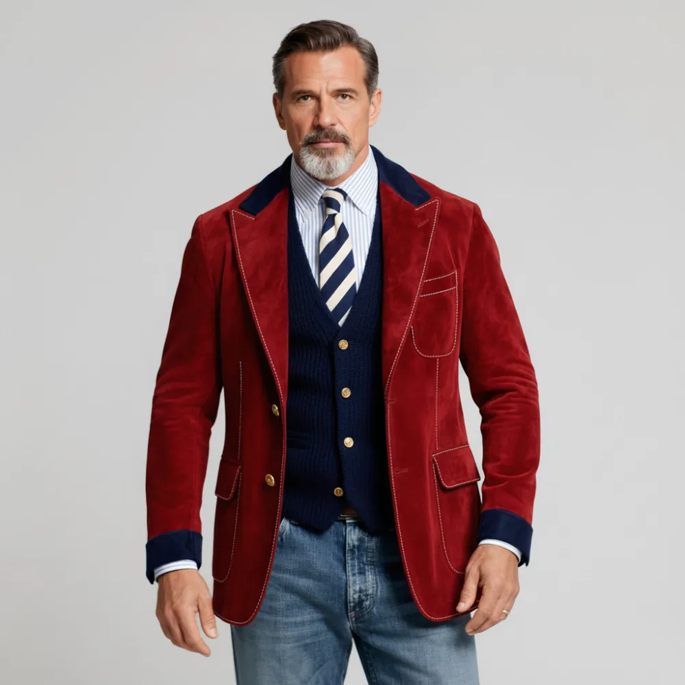 Men's Burgundy Suede Colorblock Peak Lapel Long Sleeve Two Button Pockets Blazer