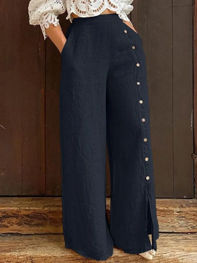 Women's Fashion Multi Button Split High Waist Trousers Wide Leg Pants