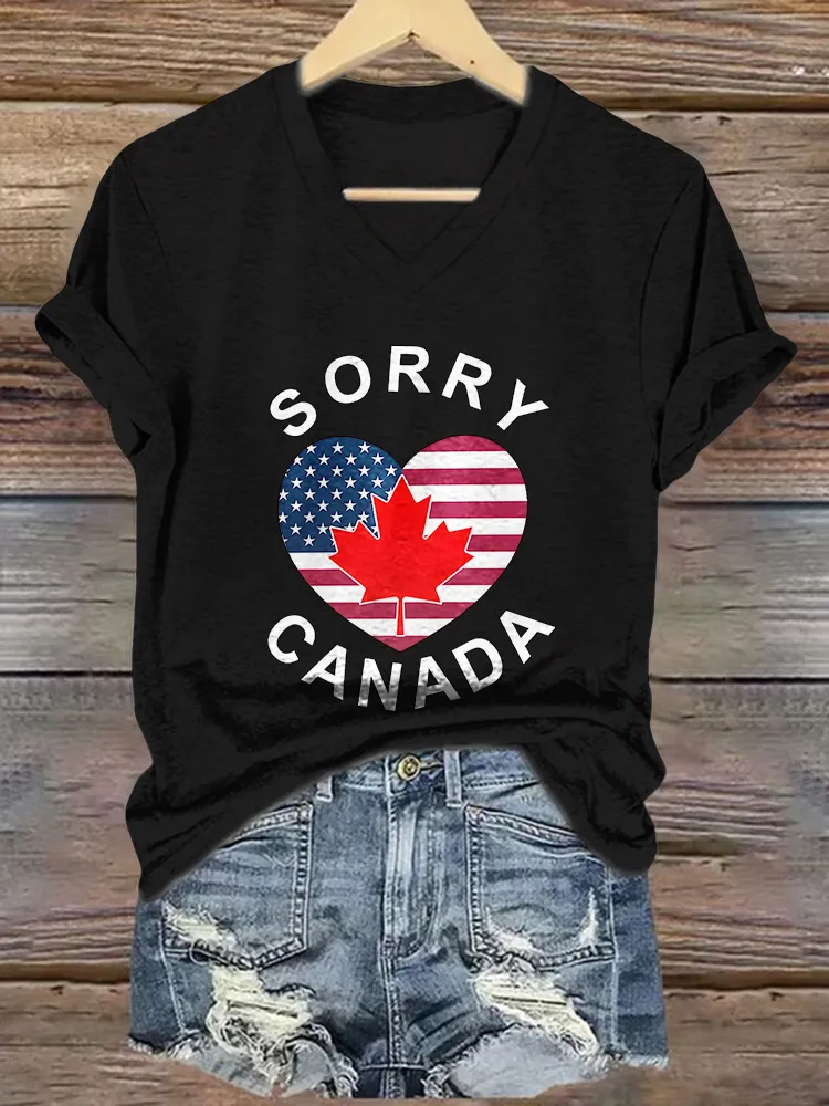 Sorry Canada Printed V-Neck Short-Sleeved T-Shirt